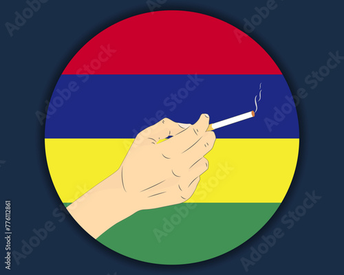 Holding a cigarette with Mauritius flag, smoking and addiction idea