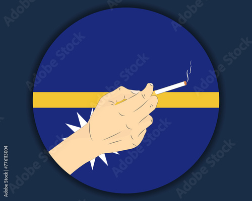 Holding a cigarette with Nauru flag, smoking and addiction idea