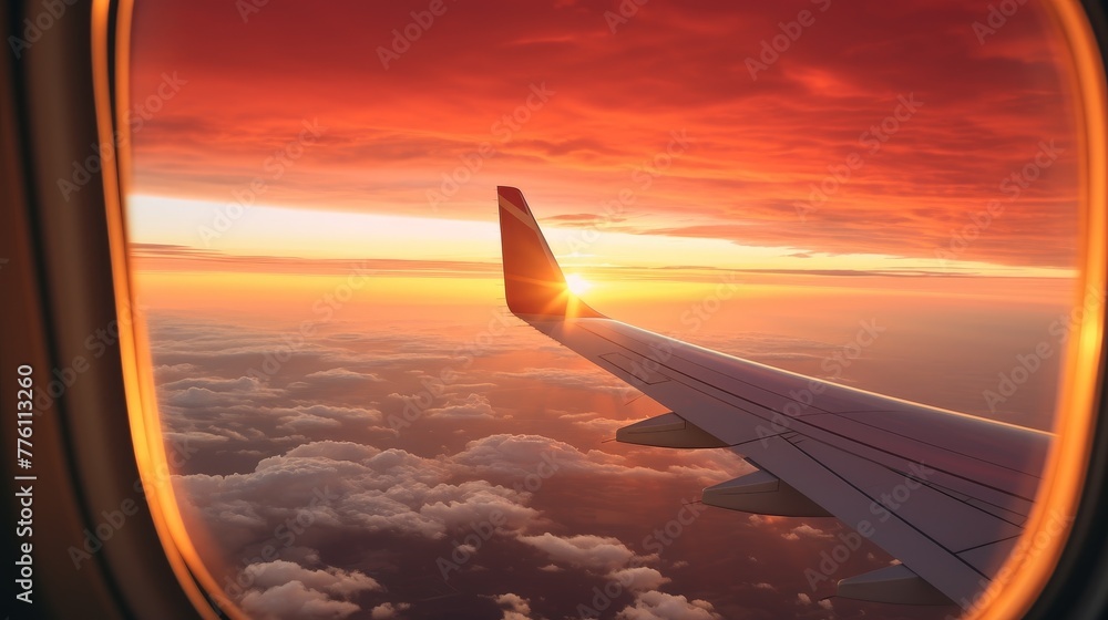 Fototapeta premium View from an airplane window while flying at sunset 
