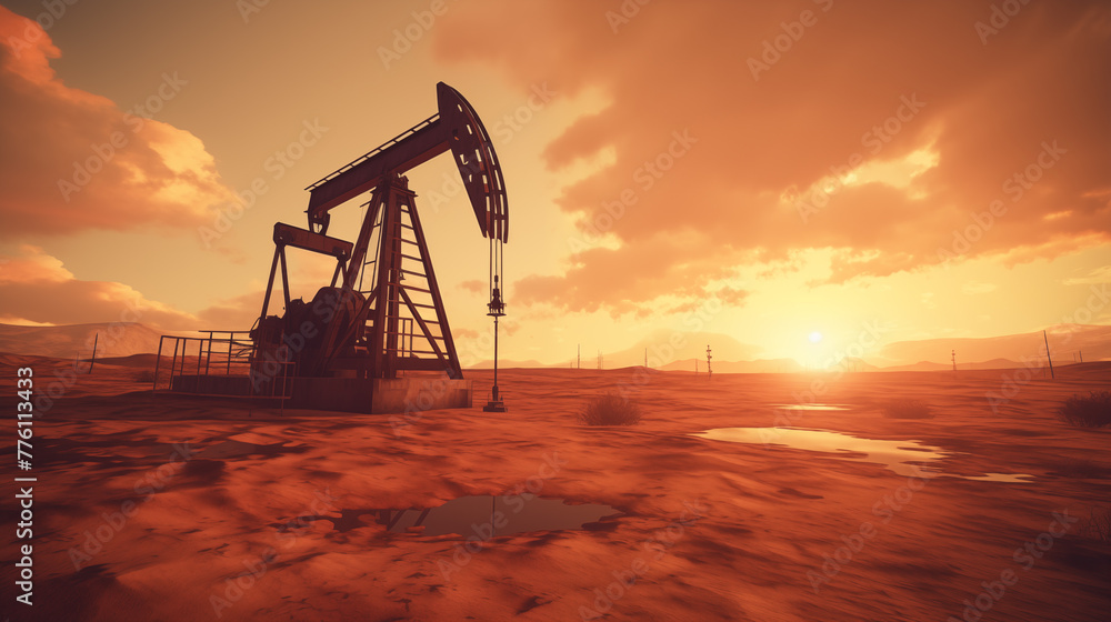 Silhouette of Drilling Platform with Sunset.