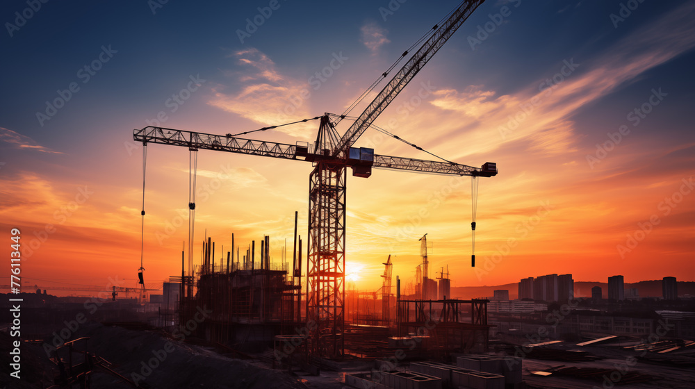 Silhouette of Construction Site with Sunset.