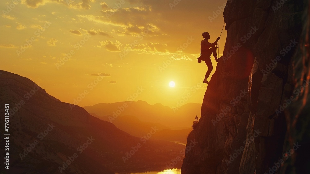 Extreme Sport: Climbing a Rock Face at Sunset Extreme Sport: Climbing a Rock Face at Sunset