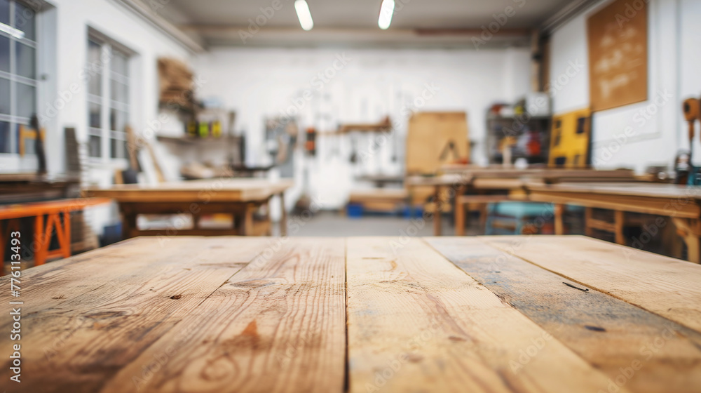Rustic wooden table in a carpentry workshop with blurred background of workbenches and tools Selective focus on the table surface Rustic wooden table in a carpentry workshop with blurred background of workbenches and tools Selective focus on the table surface