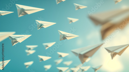 A creative image of white paper airplanes in flight against a clear blue sky  depicting the concept of direction