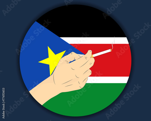 Holding a cigarette with South Sudan flag, smoking and addiction idea