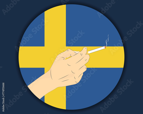 Holding a cigarette with Sweden flag, smoking and addiction idea