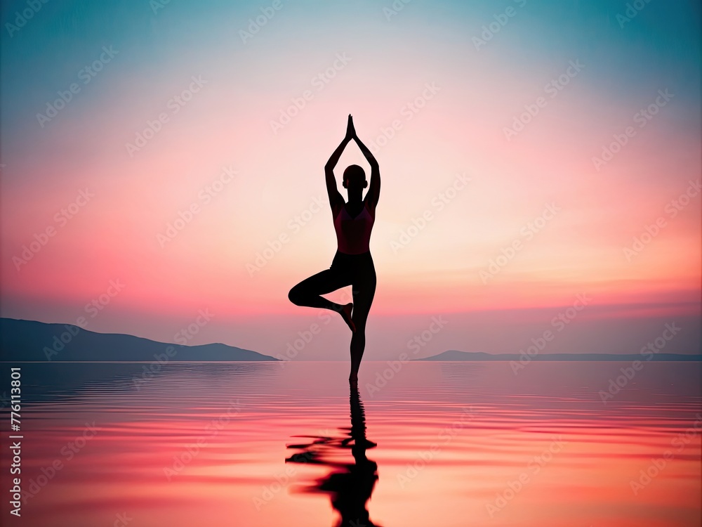 A woman is doing yoga in calm waters at sunset, both hands up in a standing Generative ai (1)