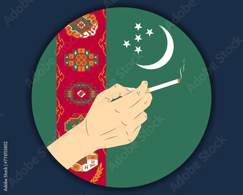 Holding a cigarette with Turkmenistan flag, smoking and addiction idea