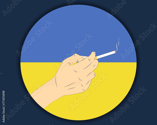 Holding a cigarette with Ukraine flag, smoking and addiction idea
