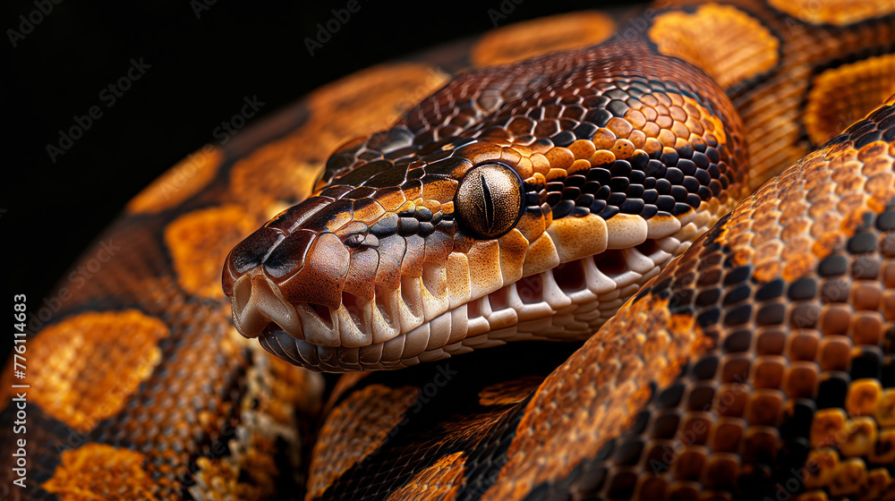 Fototapeta premium A detailed photo of a python, showcasing the texture and pattern of its scales on a dark background Ideal for wildlife and nature themes