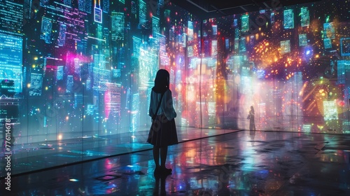 A woman stands in front of a large projection of a city. The projection is colorful and vibrant, with neon lights and buildings