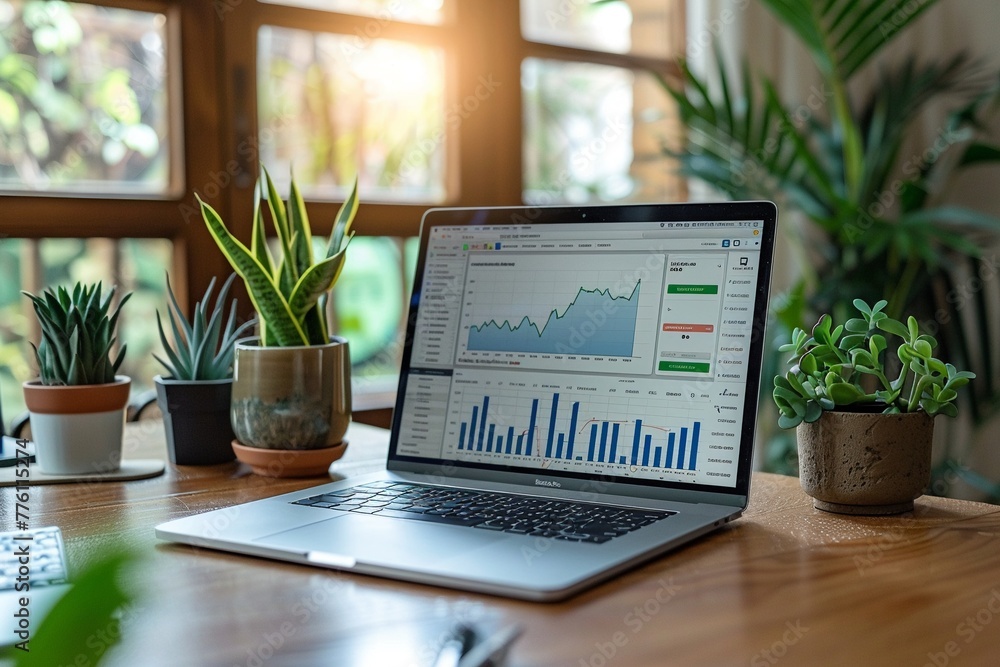 Sleek laptop on a polished desk showing vibrant stock charts, office plants in the background Sleek laptop on a polished desk showing vibrant stock charts, office plants in the background