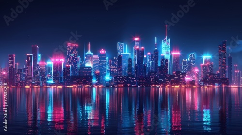 A city skyline is reflected in the water, with neon lights illuminating the buildings. Scene is vibrant and energetic, with the bright lights
