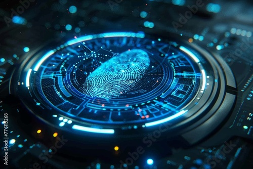 Sleek, digital fingerprint scan on a hightech device, emphasizing biometric security measures Soft blue tones