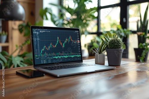 Sleek laptop on a polished desk showing vibrant stock charts, office plants in the background