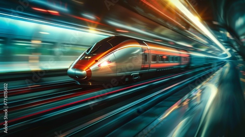 A train is speeding down the tracks with a bright light shining on it. The train is surrounded by a blur of colors, giving the impression of motion and speed. Concept of excitement and energy