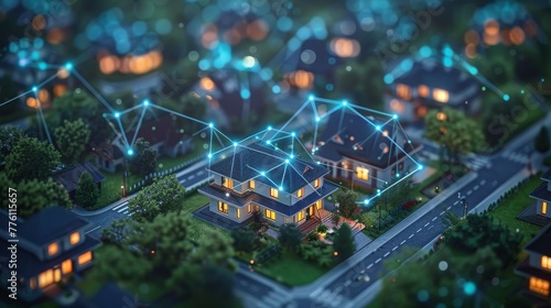 A cityscape with houses and street lights. The houses are connected by a network of wires. Scene is futuristic and technological