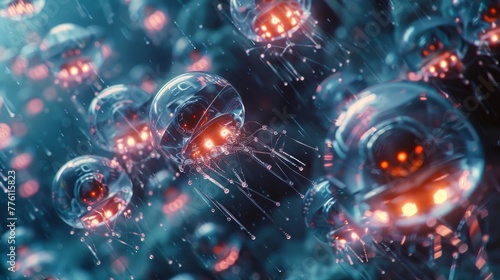 A group of glowing jellyfish-like creatures float in the air. The scene is a mix of futuristic and surreal, with the jellyfish appearing to be alive and moving. The colors are vibrant