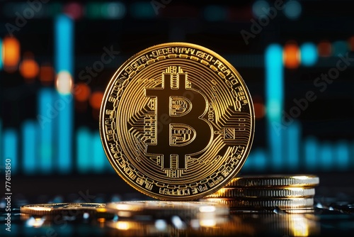 Stylized Bitcoin BTC embossed on a golden coin, rising graph hologram behind, luxury and wealth concept, cryptos bright future photo