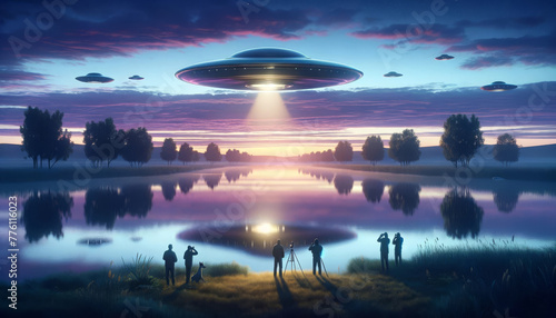 UFO sighting by witnesses at dawn near a serene lake, ideal for sci-fi or mystery themed content and event promotions. photo