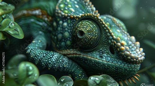 Ultradetailed image of a chameleon in shades of green, highlighting the beauty of adaptation in nature © Samita