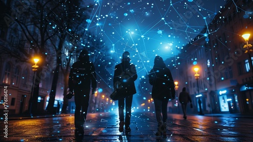 Three people walking down a street at night with a blue sky above them. The sky is filled with stars and the street is lit up by street lamps