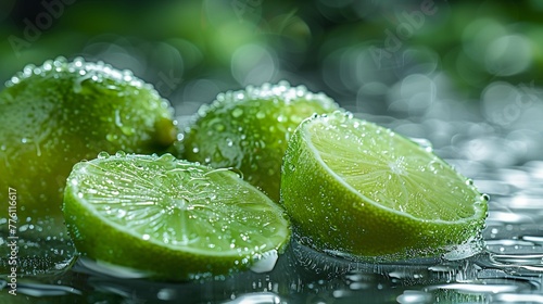 Vibrant sliced limes, wet with dew, arrayed beautifully on a crystal clear surface Ideal for health and wellness themes