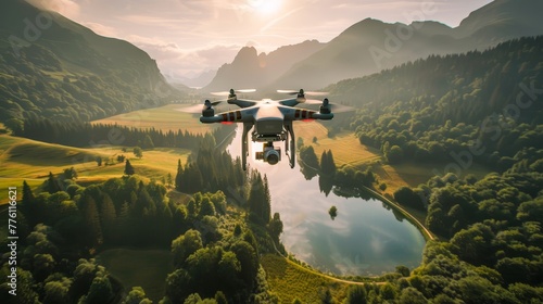A drone is flying over a lush green forest and a lake. The drone is capturing the beauty of the landscape from above