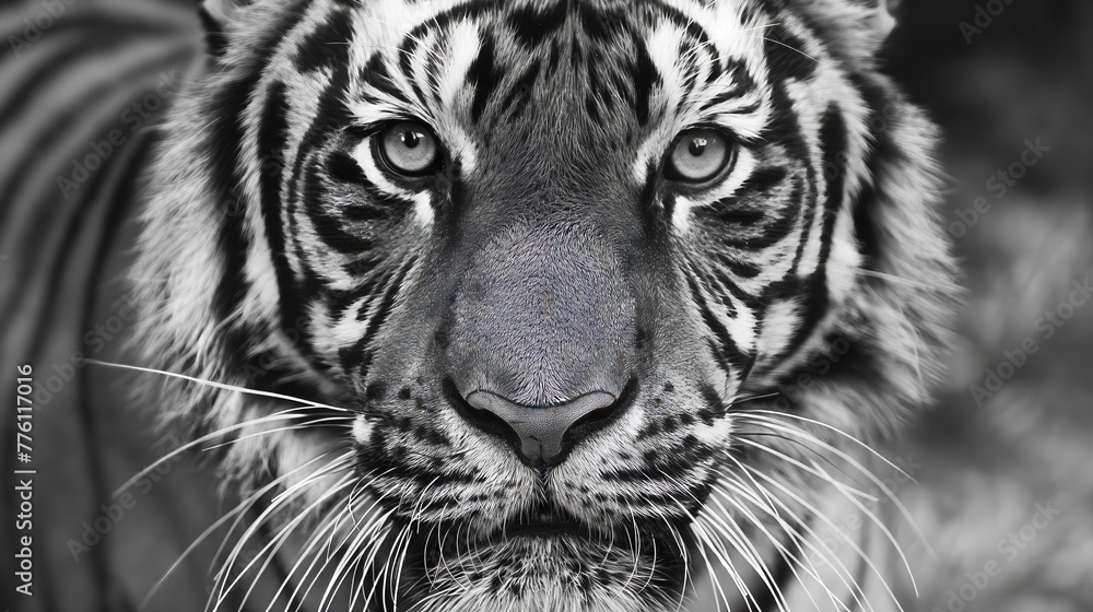 Naklejka premium A dramatic black and white close-up of a tiger that highlights the striking contrast and texture of its striped fur