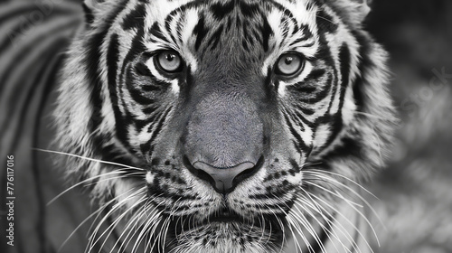 A dramatic black and white close-up of a tiger that highlights the striking contrast and texture of its striped fur
