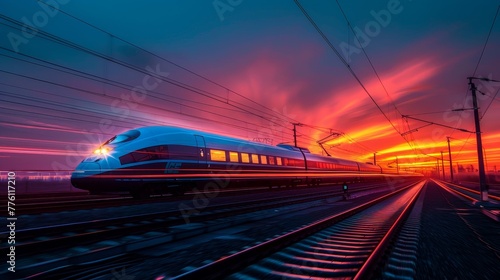 A train is traveling down the tracks with a sunset in the background. The train is long and sleek, and the sunset creates a warm and peaceful atmosphere