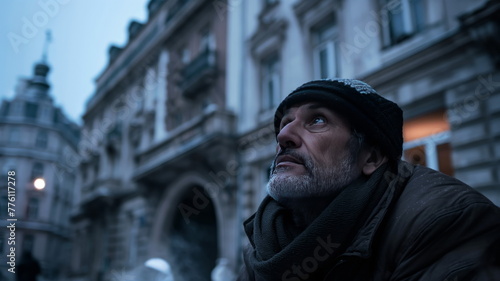 Bearded homeless man in warm clothing stands by a grand stone building, braving the cold