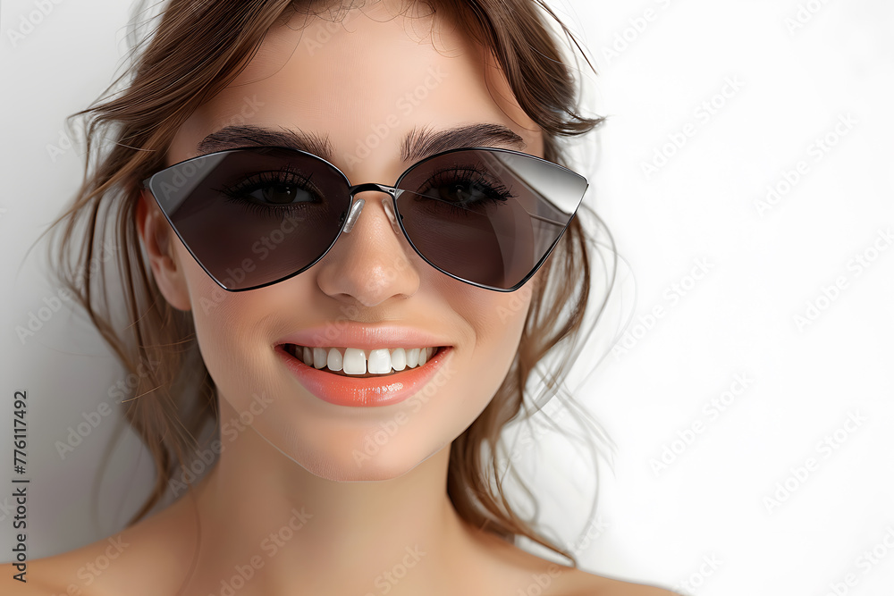 Closeup portrait of a beautiful woman wearing sunglasses happy and smiling Closeup portrait of a beautiful woman wearing sunglasses happy and smiling