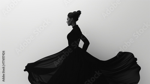 Minimalist poster featuring silhouette of woman in sleek black dress against a white background, exuding elegance and simplicity in design