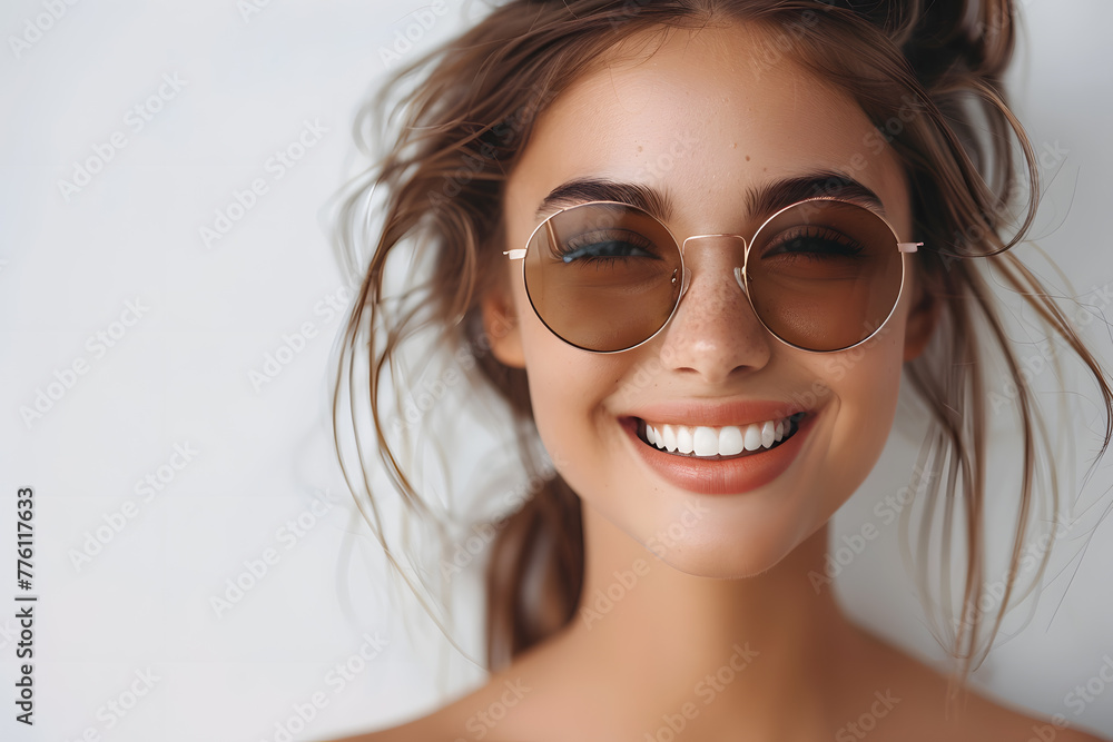Closeup portrait of a beautiful woman wearing sunglasses happy and smiling Closeup portrait of a beautiful woman wearing sunglasses happy and smiling