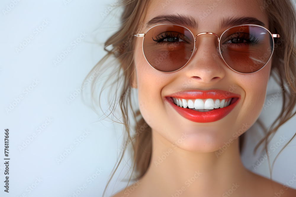 Closeup portrait of a beautiful woman wearing sunglasses happy and smiling Closeup portrait of a beautiful woman wearing sunglasses happy and smiling