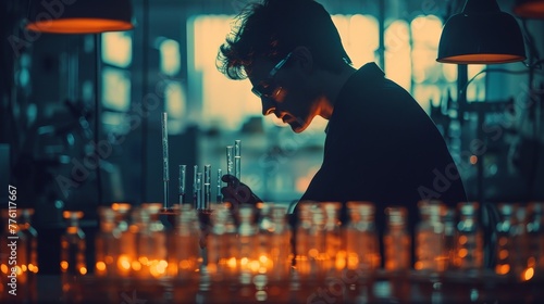 A man in a lab coat is sitting at a table with several beakers and test tubes. He is wearing glasses and he is focused on his work. The scene is dimly lit  with a few candles providing a warm glow