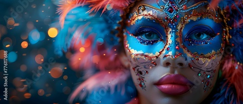 Colorful Carnival Mask with Feathers, Painted Face, and Repeated Mardi Gras Writing. Concept Mardi Gras Mask, Feathered Carnival Props, Painted Faces, Festive Photo Shoot, Fun Party Theme © Anastasiia
