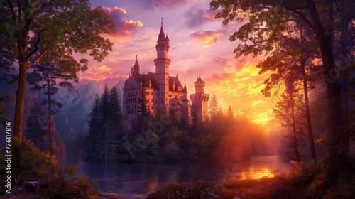 Enchanted Castle under Sunset Glow. Evening Fairytale