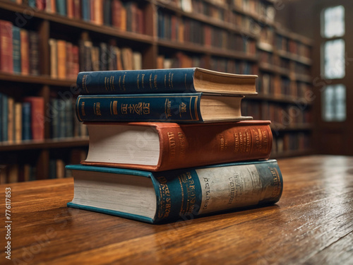 photo of a stack of books on a table, library, 8k, hdr, realistic, detalied photo
