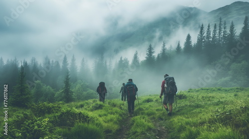 Adventurous Hikers Trekking Through Misty Mountain Trails, Exploring Nature