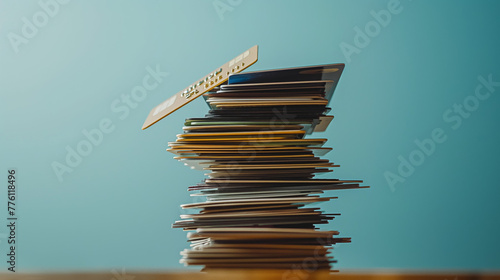 A precarious stack of credit cards representing debt or financial management on a clear blue backdrop photo