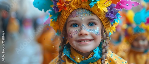 Purim Celebration: Children in Festive Costumes Dance and Sing in Masquerade with Sparkly Masks. Concept Purim Celebration, Festive Costumes, Dance, Singing, Masquerade, Sparkly Masks photo