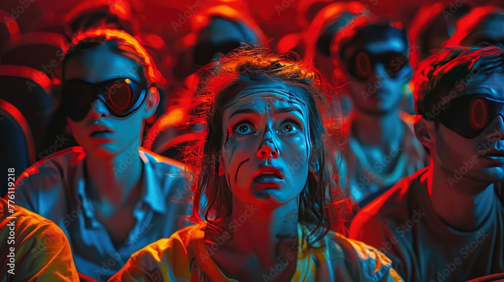 Young folks experience fear when seeing a movie in a theater. Young folks experience fear when seeing a movie in a theater.