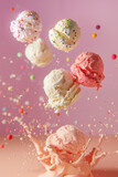 Ice cream scoops flying in the air with milk splash on pink background
