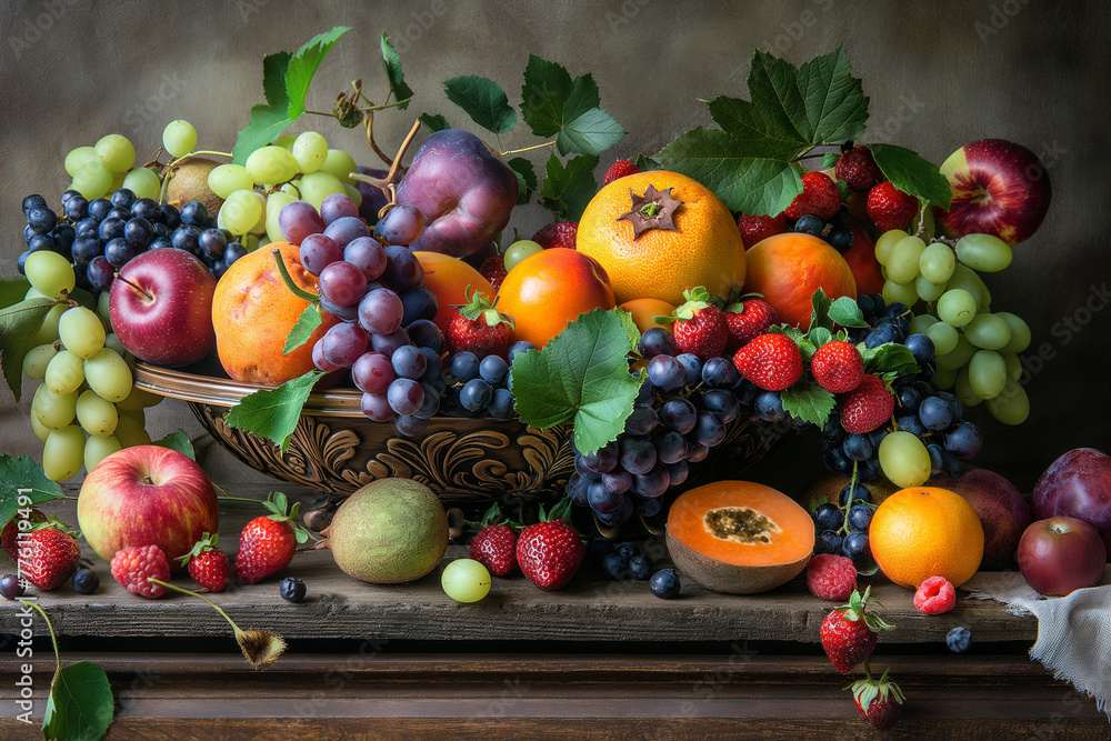 A colorful array of fresh fruits arranged artfully on a rustic wooden table, inviting viewers to indulge in the vibrant flavors of nature A colorful array of fresh fruits arranged artfully on a rustic wooden table, inviting viewers to indulge in the vibrant flavors of nature