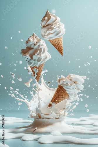 Dynamic levitating ice cream cones with splashing milk and flying sprinkles on blue background