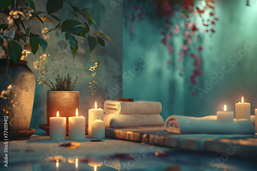 A serene spa scene with candles flickering and soft music playing, inviting viewers to relax and rejuvenate their mind, body, and spirit