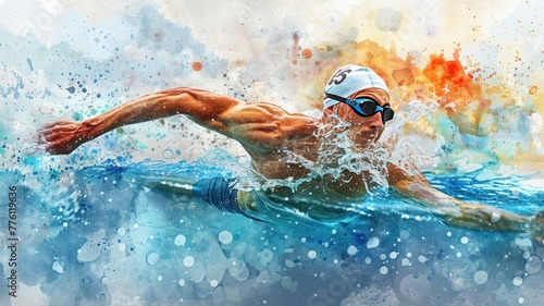 Drawing in watercolor featuring a competitive swimmer © Desinage