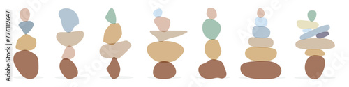 Rocks balancing. Colored stones in harmony. Balance concept. Zen stones flat design style. Minimalism stones.